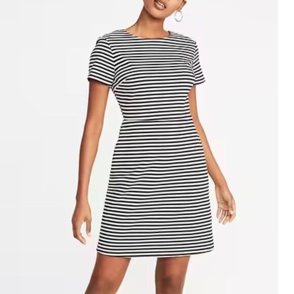 Old Navy Size Small Mini Dress Ponte-Knit Sheath Black/White Stripe Cotton Work - Picture 1 of 10